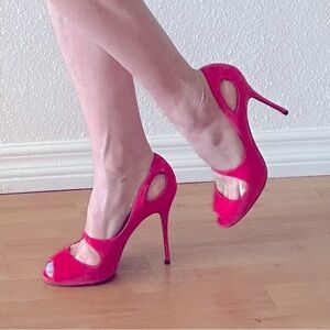 Manolo Blahnik Tokcan Suede Bright pink Peep Toe Shoes Heels 38.5 NEw $850
